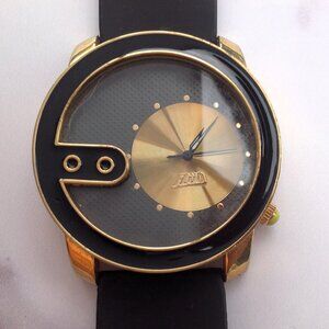 Flud Spinning Gold Record Quartz Watch Gold w Black Enamel